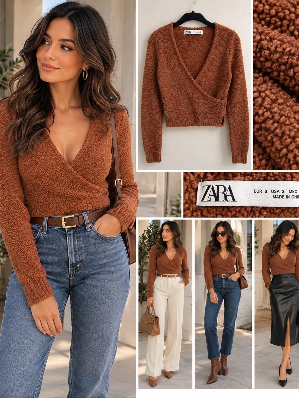 Zara- Rust Brown Textured, Wrapped V-Neck Crop Sweater Top - Small
